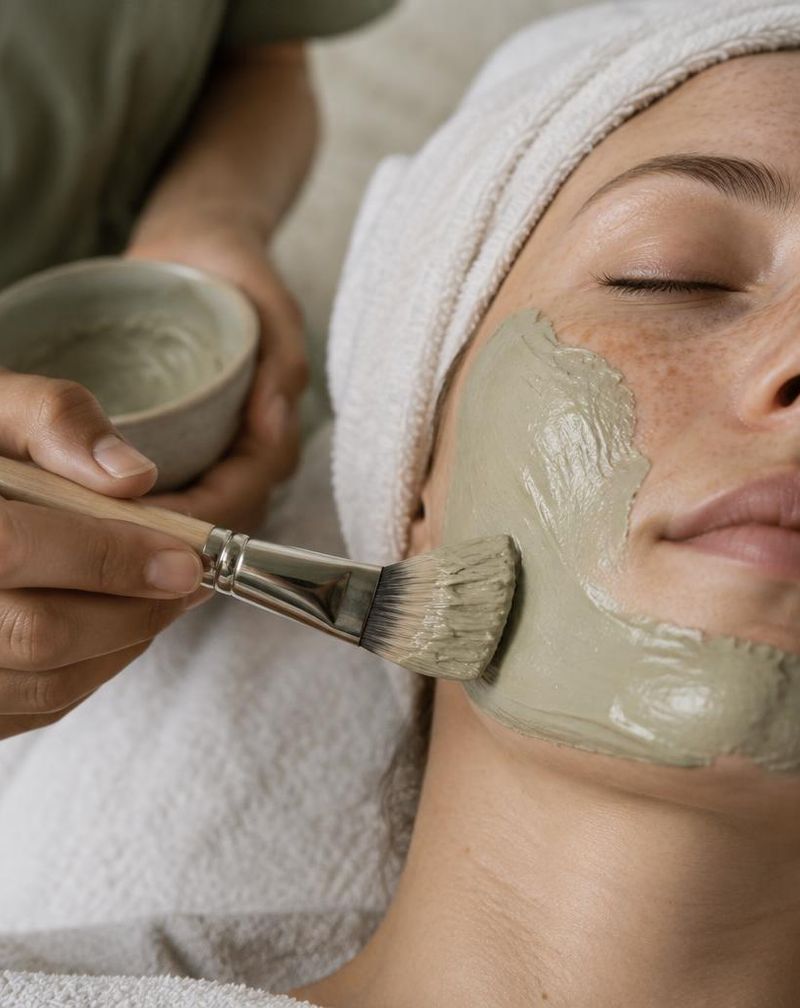 Close-up of a clay face mask being brushed onto a relaxed client's cheek