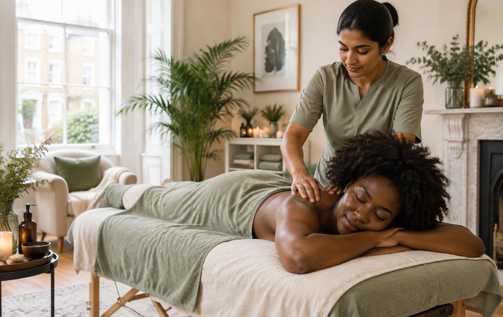 Therapist giving a relaxing back massage in a bright London living room