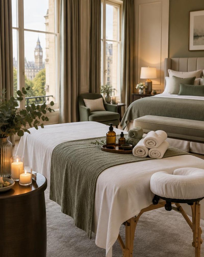 London hotel room with a massage couch set up with towels, oils and candles