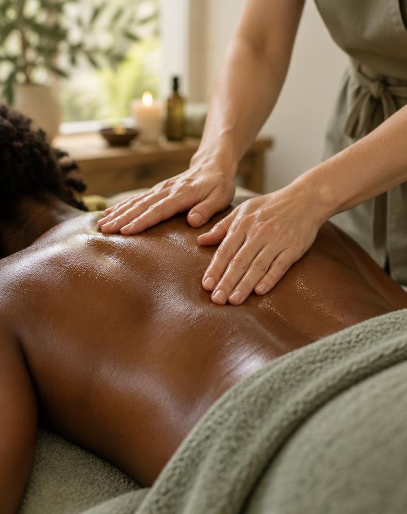 Close-up of a therapist's hands working oil into a client's upper back