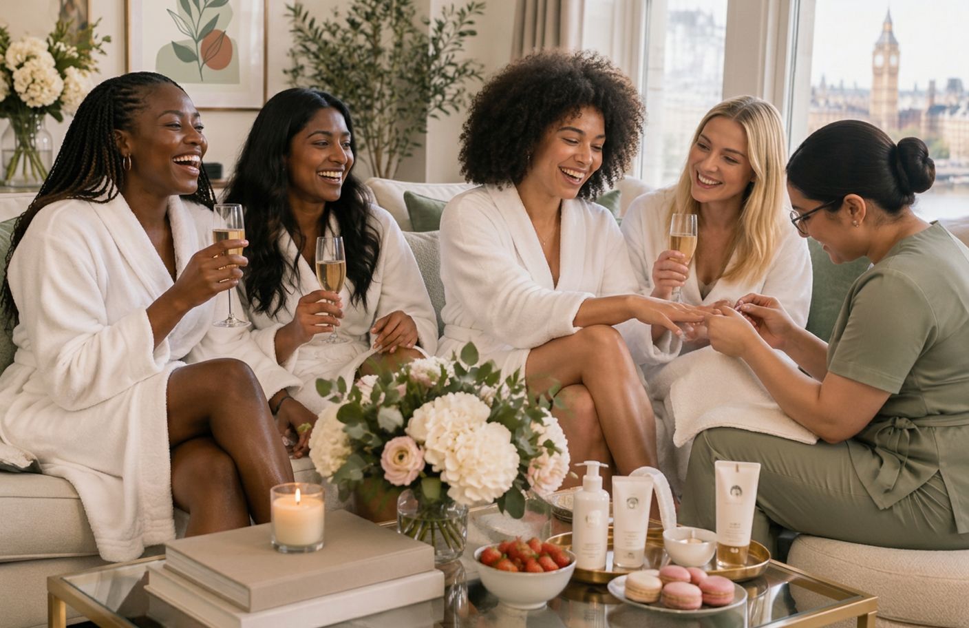 Friends in robes laughing on a sofa while one has a manicure at a pamper party