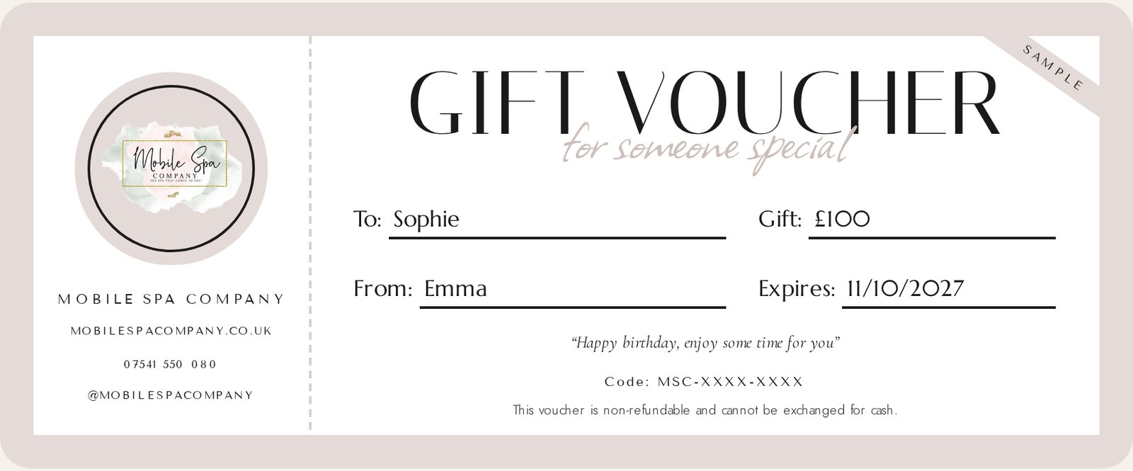 Example of a Mobile Spa Company gift voucher