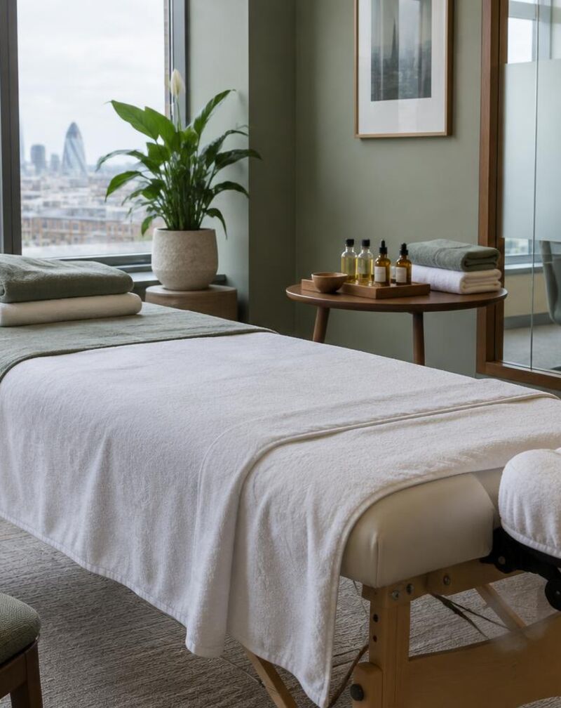 Massage table with fresh white towels and a face cradle set up in a bright London office meeting room, with oils, a plant and a small speaker